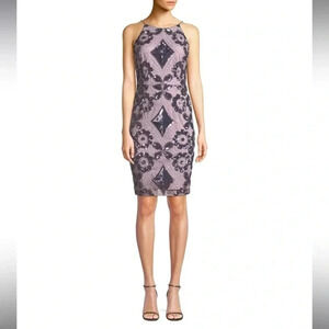 Aidan Mattox Spaghetti Strap Boat Neck Zipper Back Sequin Embellished Mesh Dress